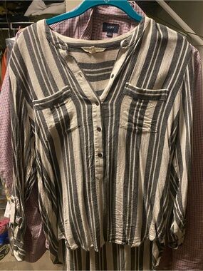 Lucky Brand Black and Cream Striped Button-Down Women's Top